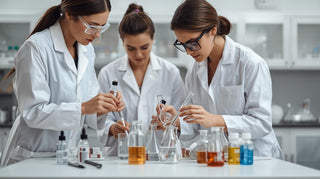 Cosmetic lab technician testing tanning formula samples