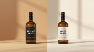 Two tanning product bottles labeled “Private Label” and “White Label”